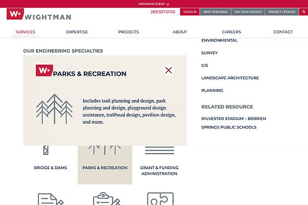 Wightman website service page specialties pop-up